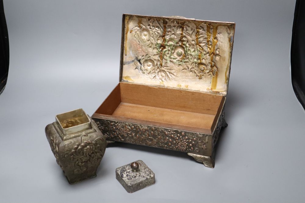 A Japanese metal casket and a tea caddy